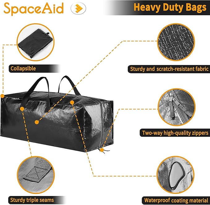 SpaceAid Heavy Duty Moving Bags, Extra Large Storage Totes W/Backpack Straps Strong Handles & Zippers, Alternative to Moving Boxes, Packing & Moving Supplies, Black (10 Pack)