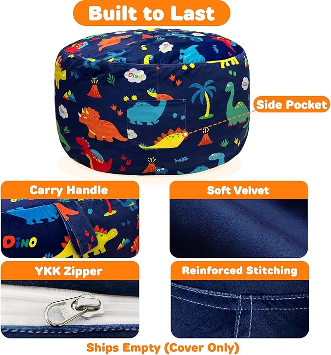 Lukeight Dinosaur Stuffed Animals Storage Bean Bag Chair Cover Only (Ships Empty, No Filling) - Velvet YKK Zipper Beanbag Cover for Kids Big kids, Washable Plush Toy Organizer, X-Large 30" D x 18" H