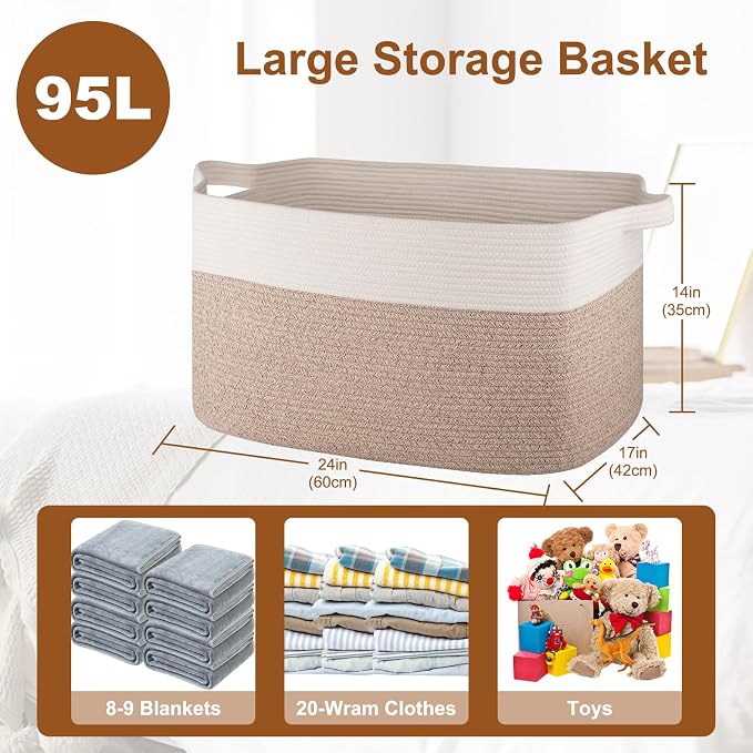 Extra Large Laundry Basket, 95L Blanket Basket for Living Room, Cotton Rope Toy Storage for Kids, Woven Baskets for Clothes, Towels, Pillows, 24" x 17" x 14", Brown and White