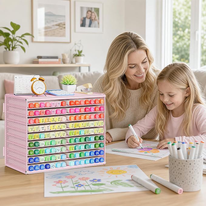Marbrasse Mesh Marker Organizer, 9-Tier Rack Holds 126 Markers, Pink | Marker Holder, Space-saving Vertical Design, Desktop Storage for Office Classroom & Home Art Supplies