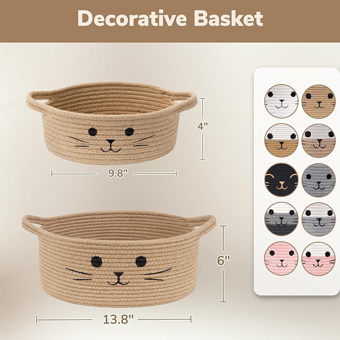 Cat Toy Basket, 13.8" x 6" Woven Baby Basket for Living Room, Medium Gift Baskets Empty, Cotton Rope Basket for Cat Bed Nursery Organizer, White & Jute