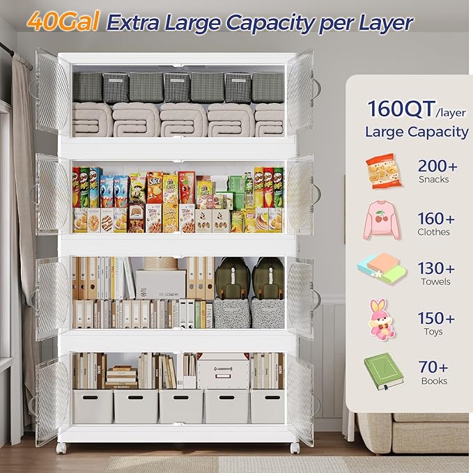 640QT Extra Large Stackable Storage Bins with Lid, 160Gal Plastic Closet Organizers and Storage Drawer, Collapsible Cabinet Box with Wheels Clear Doors for Home Kitchen Office, 4Pack White