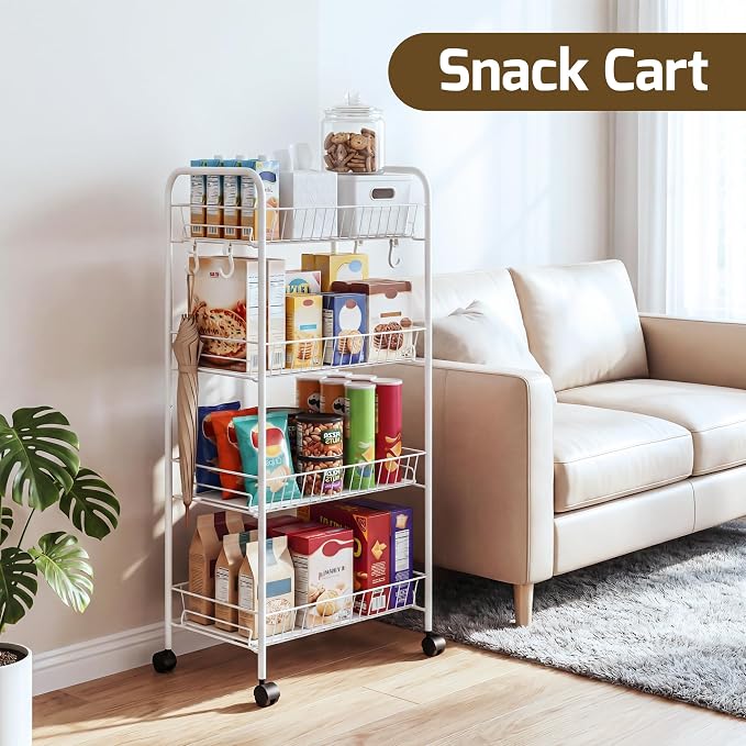 PLKOW 4-Tier Rolling Utility Cart with Detachable Baskets, White | 4-tier steel cart with detachable baskets, anti-fall pads, hooks, and 360° wheels for compact home storage.
