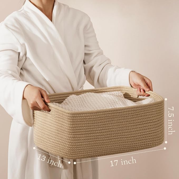 2 Pack Storage Baskets for Organizing, Large Woven Storage Basket, Brown | 17"L x 13"W x 7.5"H, Cotton Rope Basket, Toy Storage, Cube Shelf, Closet Shelf Organizer, Clothes Storage, Home Decor