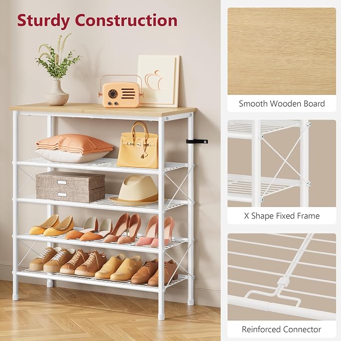 Tajsoon 5 Tier Shoe Rack Organizer for 16-20 Pairs of Shoes, Metal Mesh Shoe Shelf for Closet, Industrial Shoe Rack for Entryway Shoe Storage with X Shape Fixed Frame, White & Log