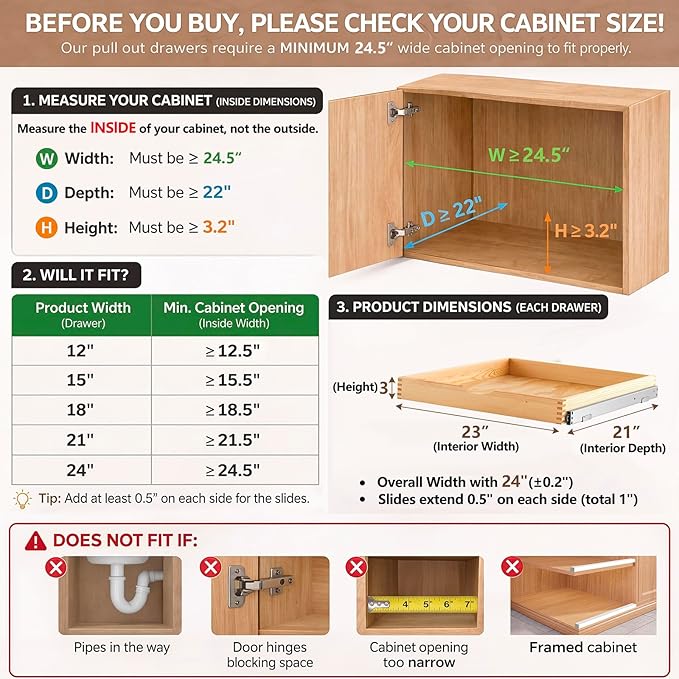 Menkxi 2 Set Wooden Pull out Cabinet Organizer Fully Assembled Slide out Pantry Drawer with Gentle Close Storage Shelf Tray for Base Kitchen Under Sink Bathroom Accessory(Wood Color,24'' X 21'' X 3'')
