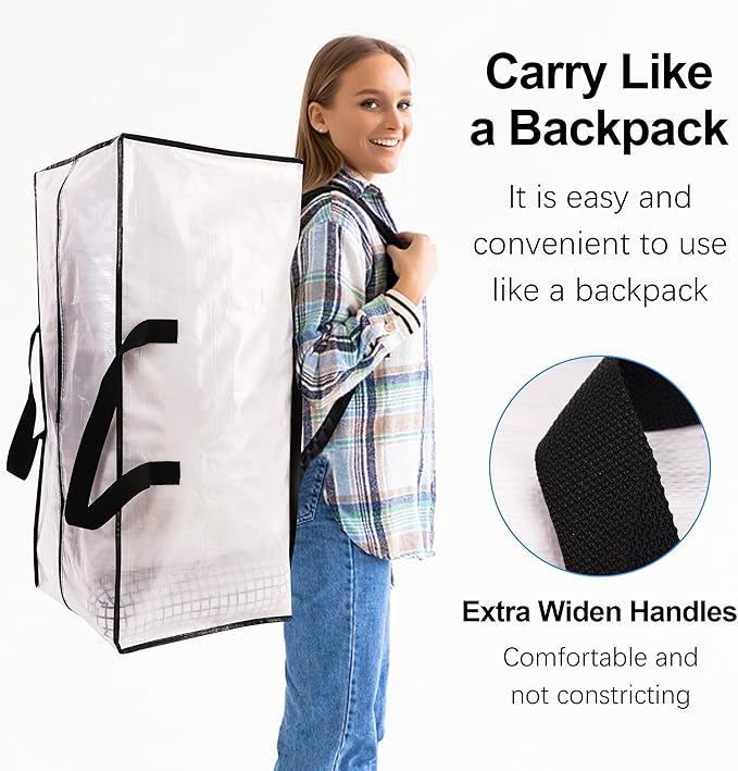 VELVETSURE 6 Pack Heavy Duty Large Moving Bags W/Backpack Straps - Strong Handles & Zippers, Storage Totes, Fold Flat, Alternative to Moving Box and Storage Bin, Semi-Transparent+Blue+Black