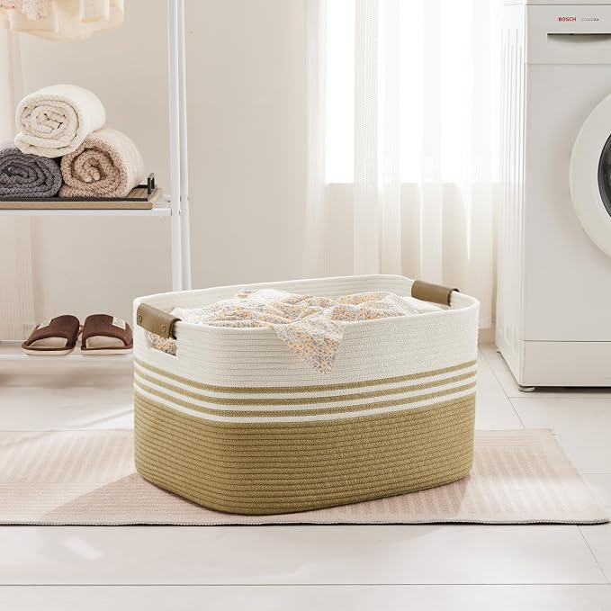 72L Large Woven Laundry Basket Hamper with Leather Handles,Khaki | 22"x17"x12", collapsible wicker hamper, storage for dirty clothes, toys, blankets, gifts, living room, bedroom, bathroom