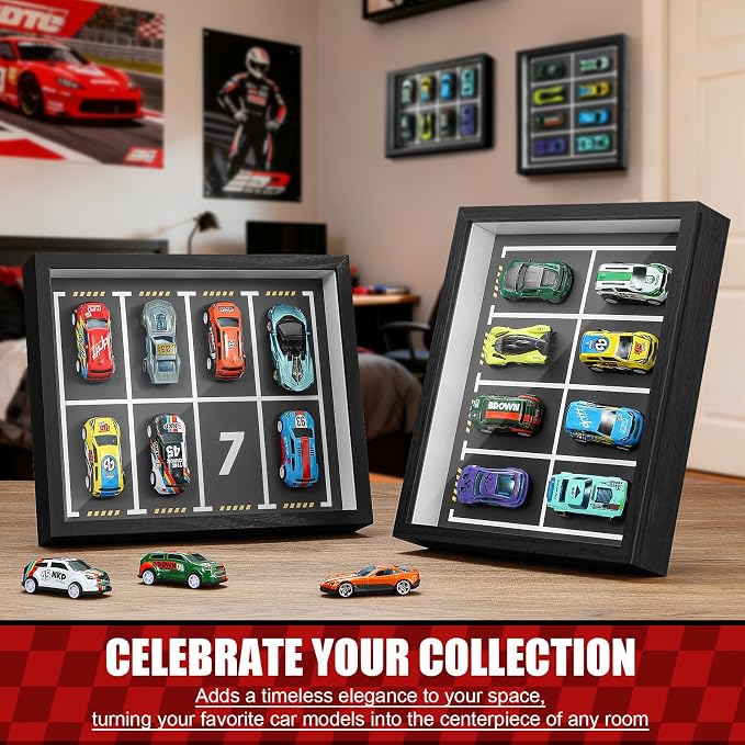 JupDec Magnetic 1:64 Diecast Display Frame, Clear Acrylic Model Car Shadow Box with Parking Layout Mat for Matchbox Hot Wheel, Dustproof Wall Mount or Tabletop Display Box, Ideal Gift for Collectors
