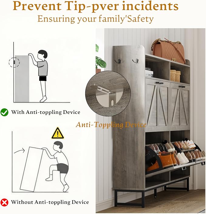 Wodeer Shoe Cabinet Storage for Entryway, Shoe Storage Cabinet with 4 Flip Drawers, Freestanding Narrow Shoe Rack Organizer with Metal Legs, Adjustable Shelves & Open Storage for Foyer, Hallway, Grey