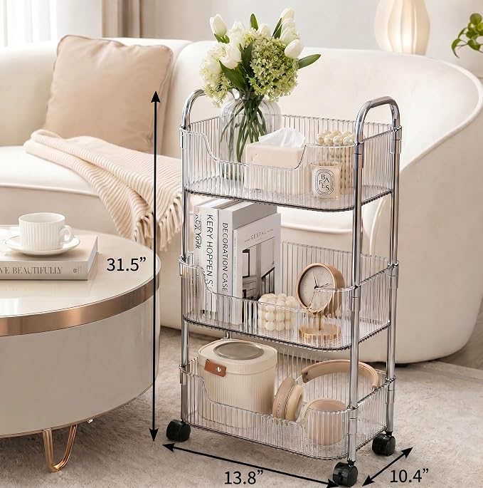 3 Tier Rolling Cart with Wheels, Clear Plastic Storage Cart with Stainless Steel Frame, Slim Narrow Organizer for Bathroom, Kitchen, Laundry Room, Vanity, Dorm, Easy Assembly