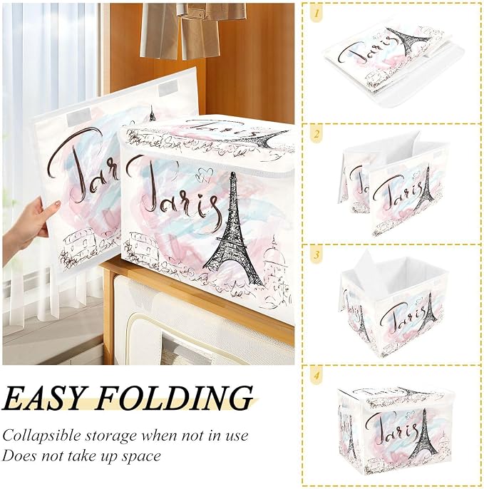 CaTaKu Large Fabric Storage Bins With Lids,Vintage Eiffel Tower Paris Storage Boxes With Handles for Organizing Clothes, Collapsible Decorative Storage Cube Bins Baskets for Shelves