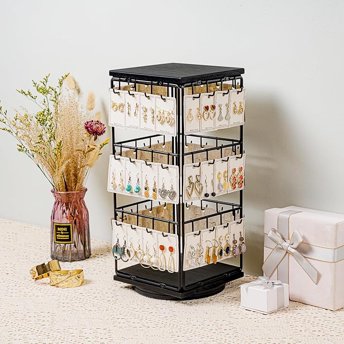 360 Rotating Earring Display Stands for Selling, Earring Rack Display Holder Stand, Jewelry Display for Vendors Selling Earring Cards, Necklaces, Bracelets, Hair Accessories (48 Hooks)