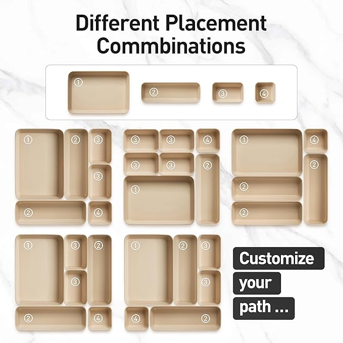 ISSEVE 8Pcs Nesting Silicone Drawer Organizer Trays, 4 Size Versatile Vanity Bathroom & Desk Drawer Organizer Set Storage Bins for Office,Kitchen,Nightstand,White