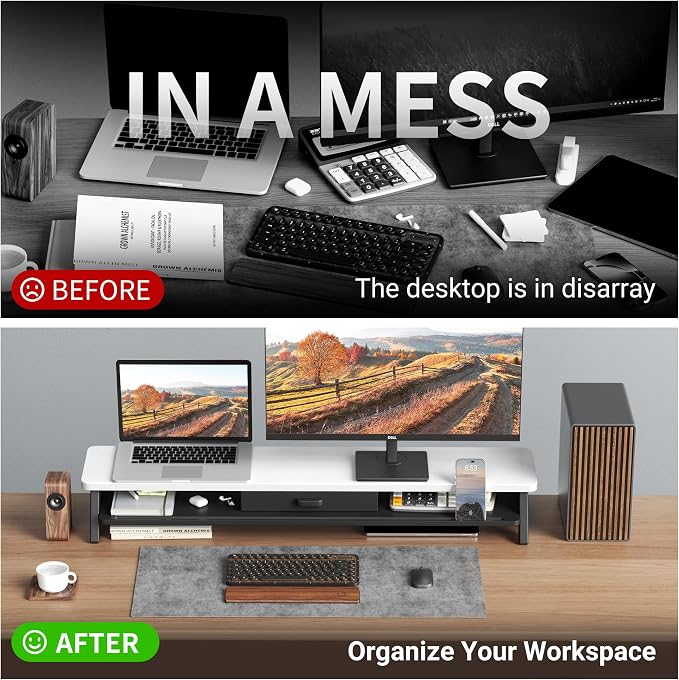 AFOOYO Dual Monitor Stand Riser,LED 2-Tier 39.3 Inch Computer Monitor Stand for 2 Monitors,Office Desktop Organizer with Storage Drawer and Phone Holder for Laptop,PC,Computer,Printer,Walnut
