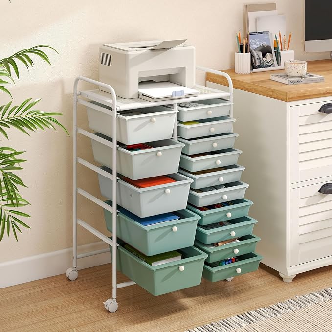 RELAX4LIFE 15-Drawer Storage Drawer Carts - Mobile Rolling Utility Cart | 34.5"H White Metal Frame, Gradient Green Drawers, Rolling Wheels; Classroom School Office Home Craft Utility Storage