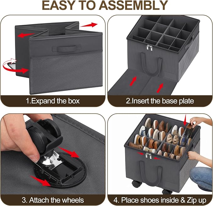 Large Shoe Organizer for Closet, 16 Pairs Shoe Storage Box with 360° Wheels & Reinforced Handles, Adjustable Dividers, Clear Cover, Side Pocket, Foldable Oxford Fabric Bin for Entryway, Grey