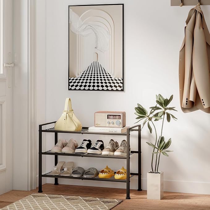 3-Tier Shoe Rack, 26.5" Wide Metal Organizer, Holds 9 Pairs | Storage Organizer for Closet and Entryway,Heavy-Duty Stand for Shoes, Books or Plants, Black