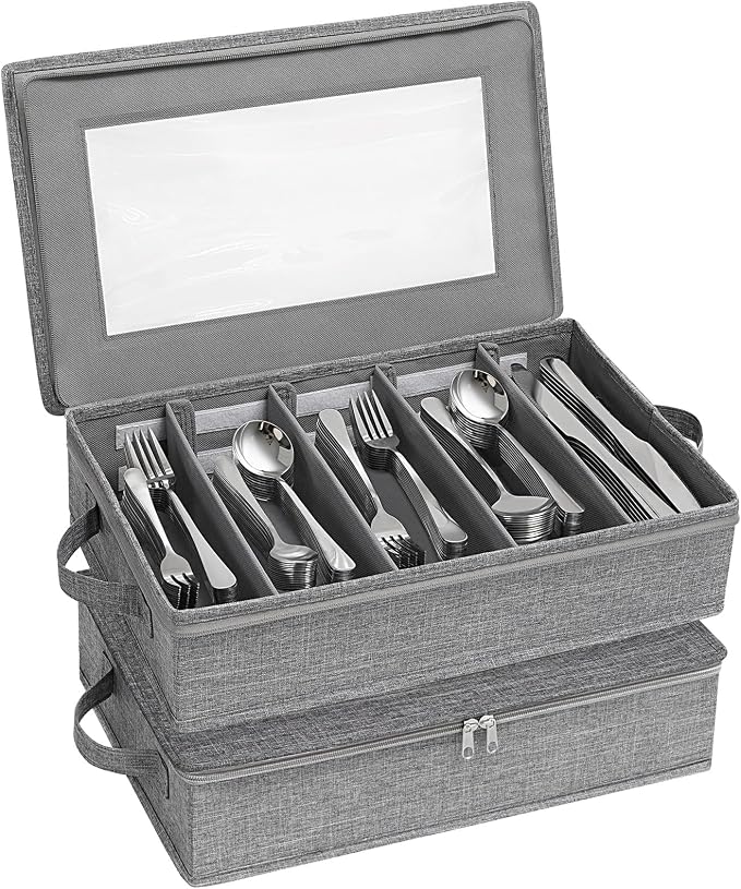 Lifewit Silverware Storage Box, Covered Flatware Organizer with Zipper Lid, 5 Compartment Cutlery Case with Adjustable Divider and Handle, Utensil Container for Spoon Fork Knives, 2 Pack, 27 -43cm
