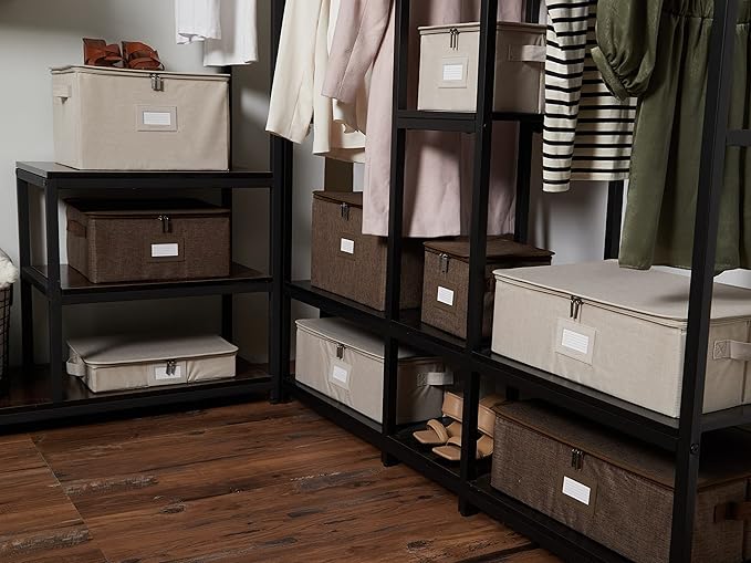 Covermates Keepsakes Zip-Top Storage Box Set, 3 Pack Heavy Duty Polyester Organizer Bins, Stackable Design, ID Window, Reinforced Handles, Closet Home Storage, Brown Heather