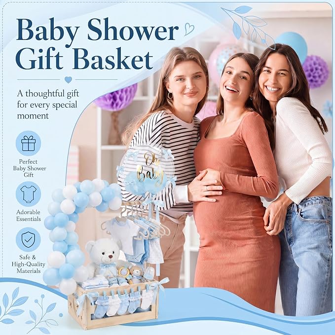 Wooden Baby Shower Crate Closet with Hanger Rack, Blue Bow Baby Gifts Basket with Balloon Accessories, DIY Babies Welcome Box for Pregnancy New Parent