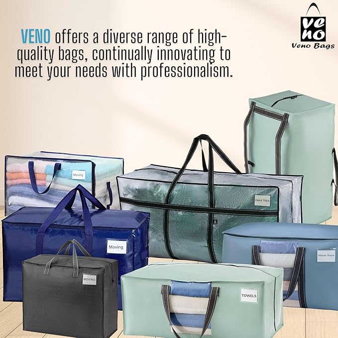 VENO 2 Pack Moving Bags, Upgraded Heavy Duty, Moving Boxes Alternative, Packing Storage Supplies for Dorm Room Essentials with Zipper for Clothes, Large Totes for Packaging (Light Blue, 2 Pack)