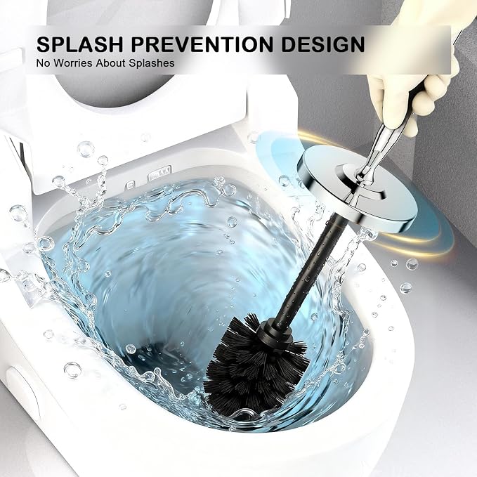 Stainless Steel Toilet Brush and Holder Set : Weighted Stable Base, Removable Inner Tube.Long Handle Toilet Bowl Brush Splash-Proof Design for Deep Cleaning & Space-Saving Storage,Chrome