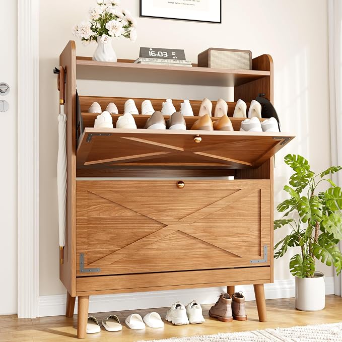 Shoe Storage Cabinet with 2 Flip Drawers & Adjustable Shelves, Freestanding Shoe Cabinet with Side Hooks Narrow Shoe Rack Cabinet for Entryway
