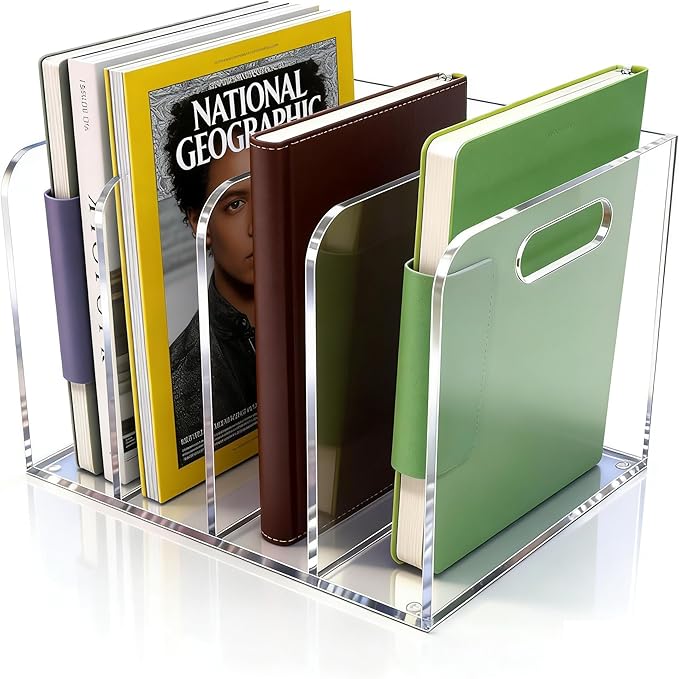 Acrylic Magazine File Holder, 4 Vertical Compartments Desk Document Sorter Organizer, Clear Folder Rack Binder for Office/Documents/Classroom, for Home, Tablet, Magazines, Books & Accessories