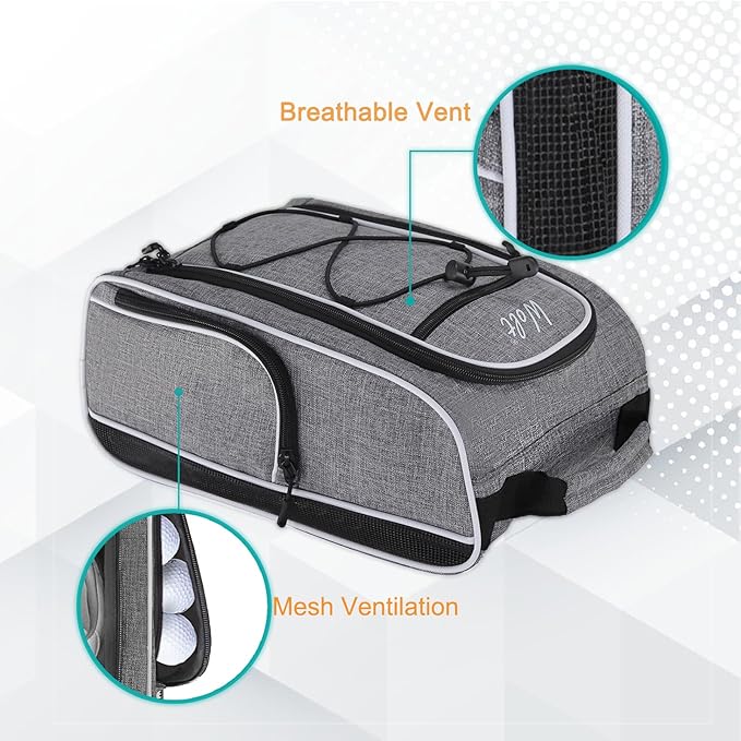 Wolt 2 Pcs Golf Shoe Bag for Travel- Zippered Shoes Carrier Bags with Ventilation & Double Outside Accessory Pocket for Socks, Tees, Golf Balls, Etc. for Women and Men (Black+Grey)