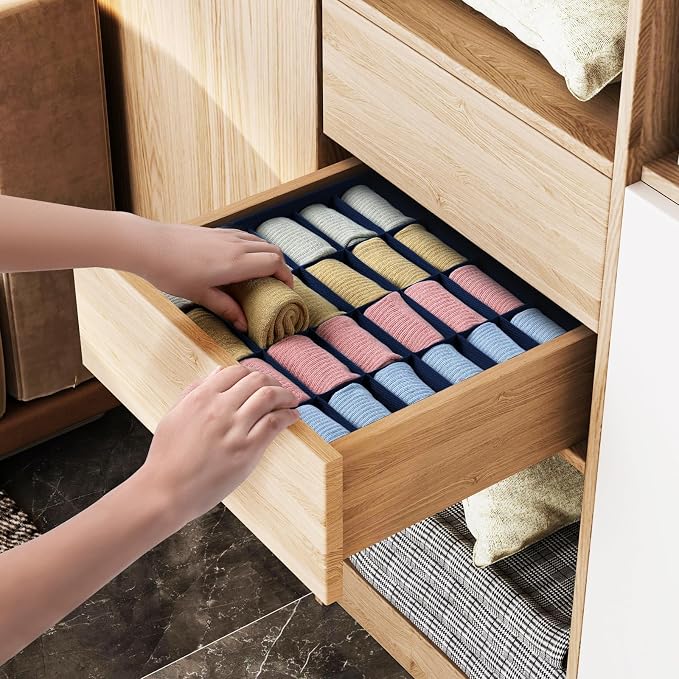 joyoldelf Sock Organizer Drawer Organizer - 2 Packs Underwear Organizer,24 Cells Collapsible Closet Organizers and Storage Sock Holders Organizers for Storing Socks, Ties, Belts(Navy Blue)