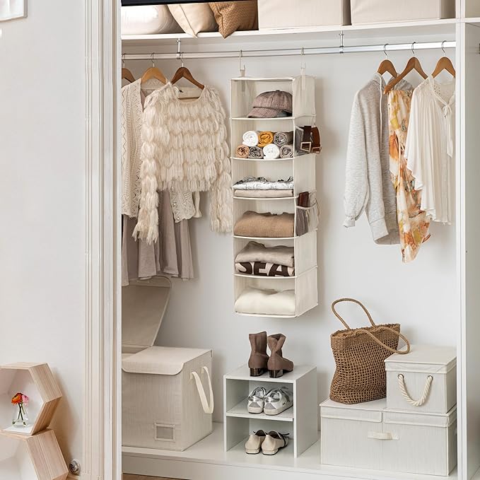 StorageWorks 6-Shelf Hanging Closet Organizer, Hanging Shelves for Closet, Fabric, Mixing of Beige, White & Ivory, 12" D x 12" W x 47 1⁄2" H