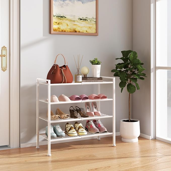 4-Tier Shoe Rack,Metal White Shoe Storage | Organizer Shelf for Closet,Entryway,Hallway,Dorm (White, 4 Tier)
