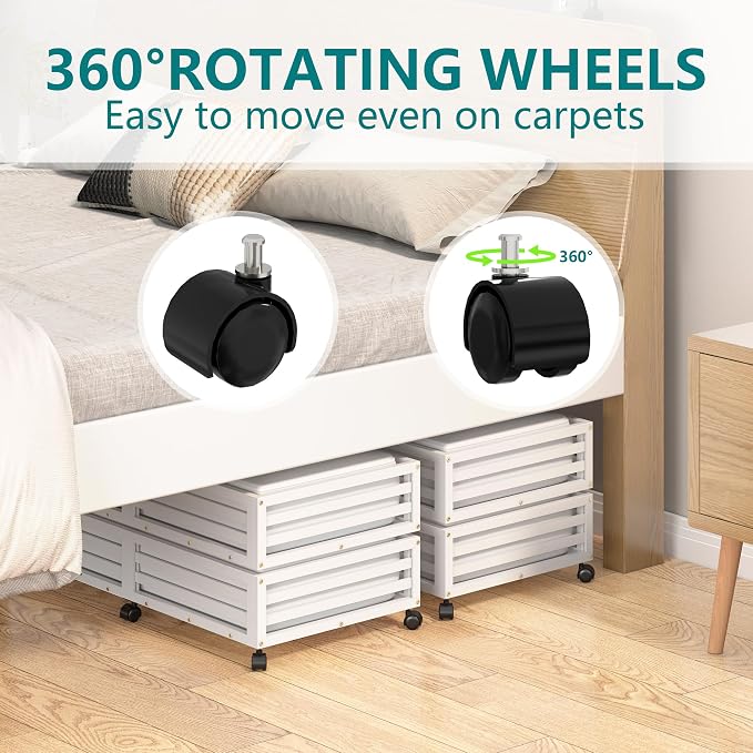 Bamboo Under Bed Storage Containers- Underbed Organizer with Wheels with Large Capacity Dust Bag,Sturdy Wood Rolling Under Bed Shoe Storage Organizer 2 Packs (White, 2 Packs (33.07"×16.54"))