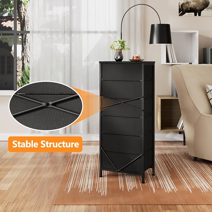 Furnulem Dresser for Bedroom, 6 Drawer Tall Storage Tower Unit and Chest | Vintage Green Fabric Drawer Organizer in Dorm, Vertical Tall Nightstand Furniture in Living Room,Closet, Metal Frame,Wood Top