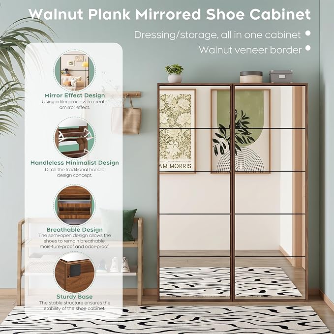 Yechen Mirror Shoe Cabinet with 5 Flip Drawers, Shoe Rack Storage Organizer, Entryway Shoe Cabinet for Front Door, Hallway (1 Piece, Walnut)
