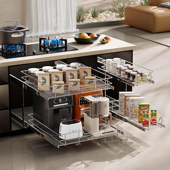 2 Tier Pull Out Cabinet Organizer 20" W X 22" D, Slide Out Drawers For Kitchen Cabinets, Pull Out Drawers For Cabinets Capacity Heavy Duty Caddy, Cabinet Pullout Shelves Chrome-Plated,Bathroom Pantry
