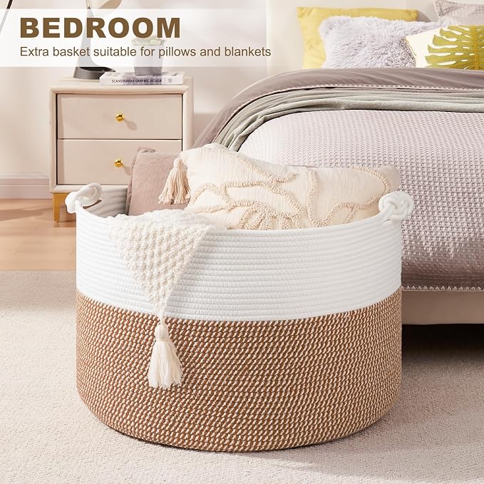 OIASKET XXL Large Blanket Storage Basket for Living Room, 105L Woven Cotton Rope Basket with Handles, Baby Toy Storage, Laundry Hamper for Clothes, Pillows, Towels-Yellow and White