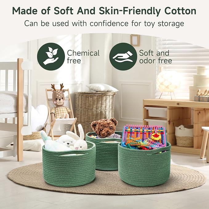 Small Rope Baskets for Storage, Baskets for Gifts Empty, Cute Round Woven Basket, Decorative Shelf Baskets 9.82×9.82×7.1", Cotton Toy Basket Storage Bins for Organizer 3 Packs Green
