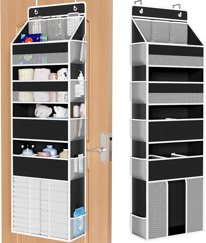 WISELIFE 5-Tier Over the Door Organizer for Hanging - 50LB Heavy-Duty Back of Door Organizer with 5 Spacious Pockets & 13 Mesh Pockets, Multipurpose Storage for Nursery, Bedroom, Closet(1 Pack, Black)