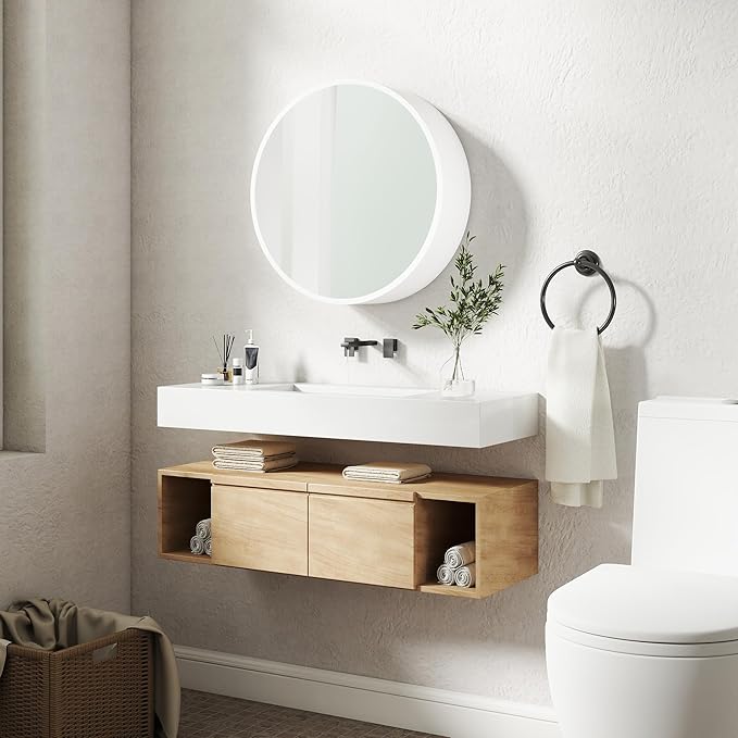 20'' Round Medicine Cabinet with Mirror, Modern Bathroom Vanity Mirror Cabinet with Storage Shelf, Circular Wall Mount Mirrored Cabinet, Farmhouse Medicine Cabinet for Home, Bathroom(White)