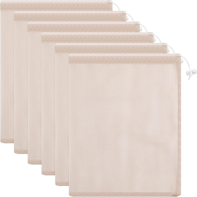 Frienda 6 Pieces Mesh Stuff Sack, 11 x 15 Inch Durable Nylon Drawstring Laundry Bag for Rinsing Beach Toys, Seashell Collecting, Mesh Bags for Travel (Beige Color)