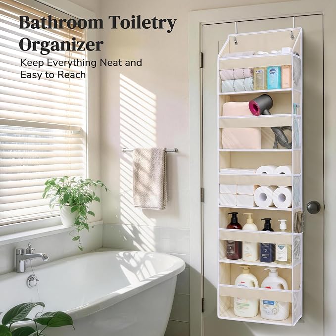 5 Tiers Ultra-Thin Over Door Organizer with 10 Mesh Side Pockets, 44 lbs Weight Capacity Hanging Storage Organizer with Clear Window Kids Toys, Shoes, Diapers, Beige