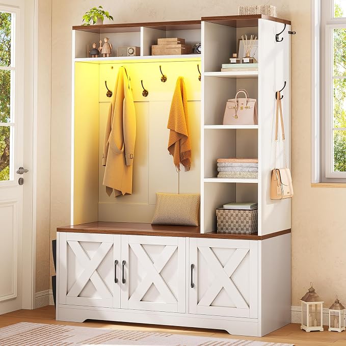 Itaar Hall Tree with Bench and Shoe Storage, Farmhouse Entryway Bench with Coat Rack, Shoe Cabinet with Adjustable Shelves, 6 Storage Cubbies, 10 Coat Hooks, Storage Bag, Led Lights, White