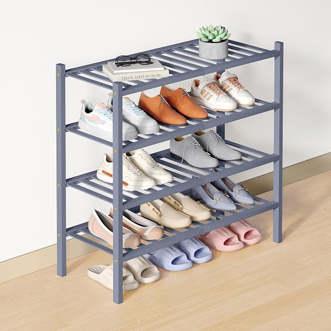 Smiry Bamboo Shoe Rack for Closet, 4 Tier Wooden Shoe Organizer, Stackable Wood Shoe Storage Shelf for Entryway, 14 Vertical Slats, 2+2 Stack Heavy-Duty Legs, 26.77"x11.02"x25.98", Grey