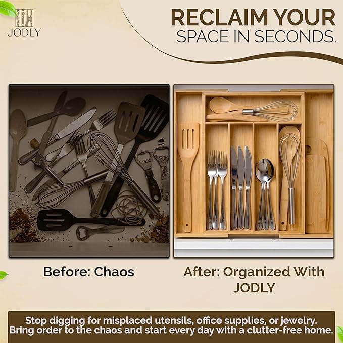Bamboo Kitchen Utensil Drawer Organizer for Silverware | 100% Natural Expandable 14-20 Inch Kitchen Drawer Organizers for Utensils | Non-Slip Base | Screwed Joints for Long-Lasting Durability