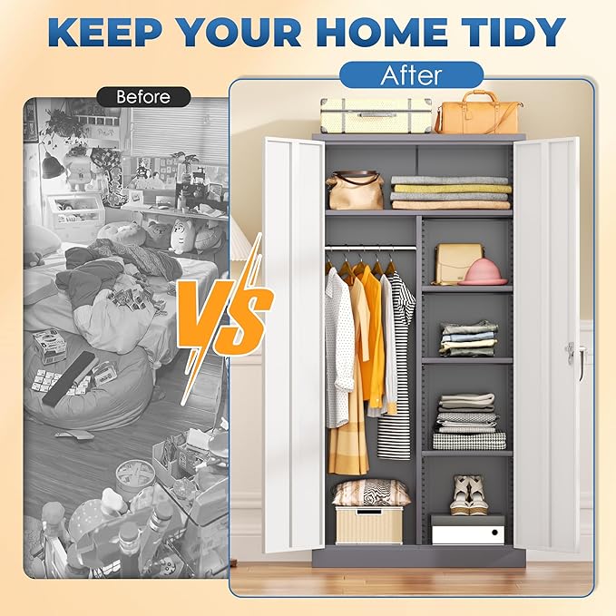 INTERGREAT Wardrobe Cabinets with Locking Doors and Shelves, Clothing Locker 72“ X 36“ X 18“ Storage Cabinets for Home Room, School, Employee,Gym (Gray White)