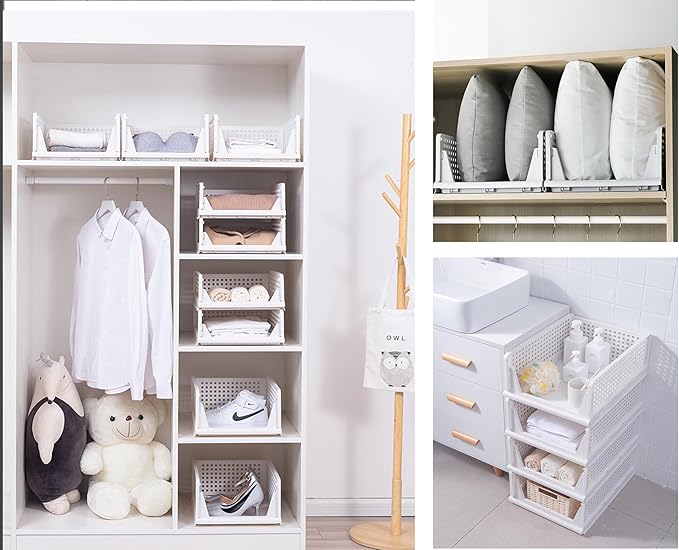 5 Pack Stackable Closet Organizer, Folding Closet Container, Plastic Storage Basket White Pull Out Shelves