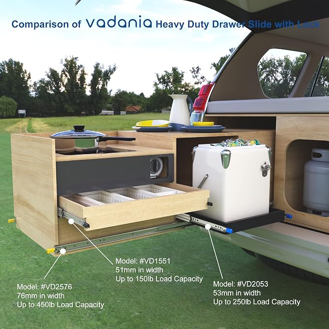 VADANIA #D51 40" Heavy Duty Locking Drawer Slide with Lock, 1-Pair | 150lb Load Capacity, 3-Fold Full Extension, Detachable, Ball Bearing Lock-in & Lock-Out, Side Mount