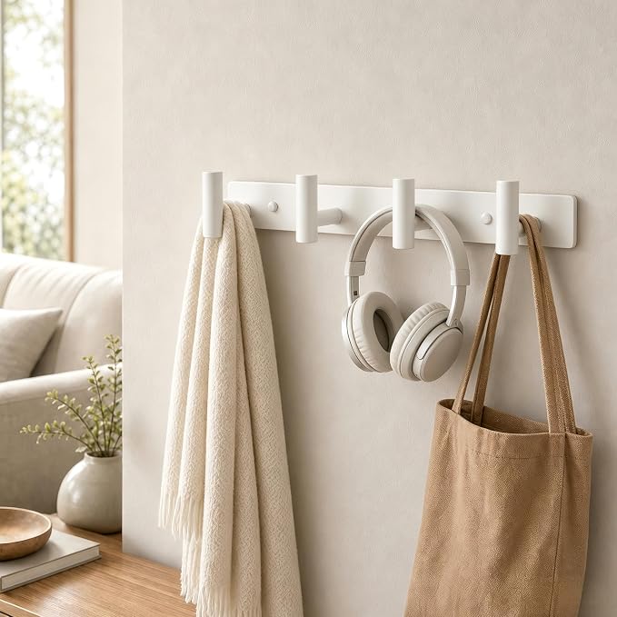 Wall Mounted Coat Rack-4 Hooks, Heavy Duty Stainless Steel Wall Hooks for Towel Coat Bag, Hat Rack Coat Hanger Coat Hooks Towel Racks for Bathroom Entryway Kitchen Office (White, 1 Pack)